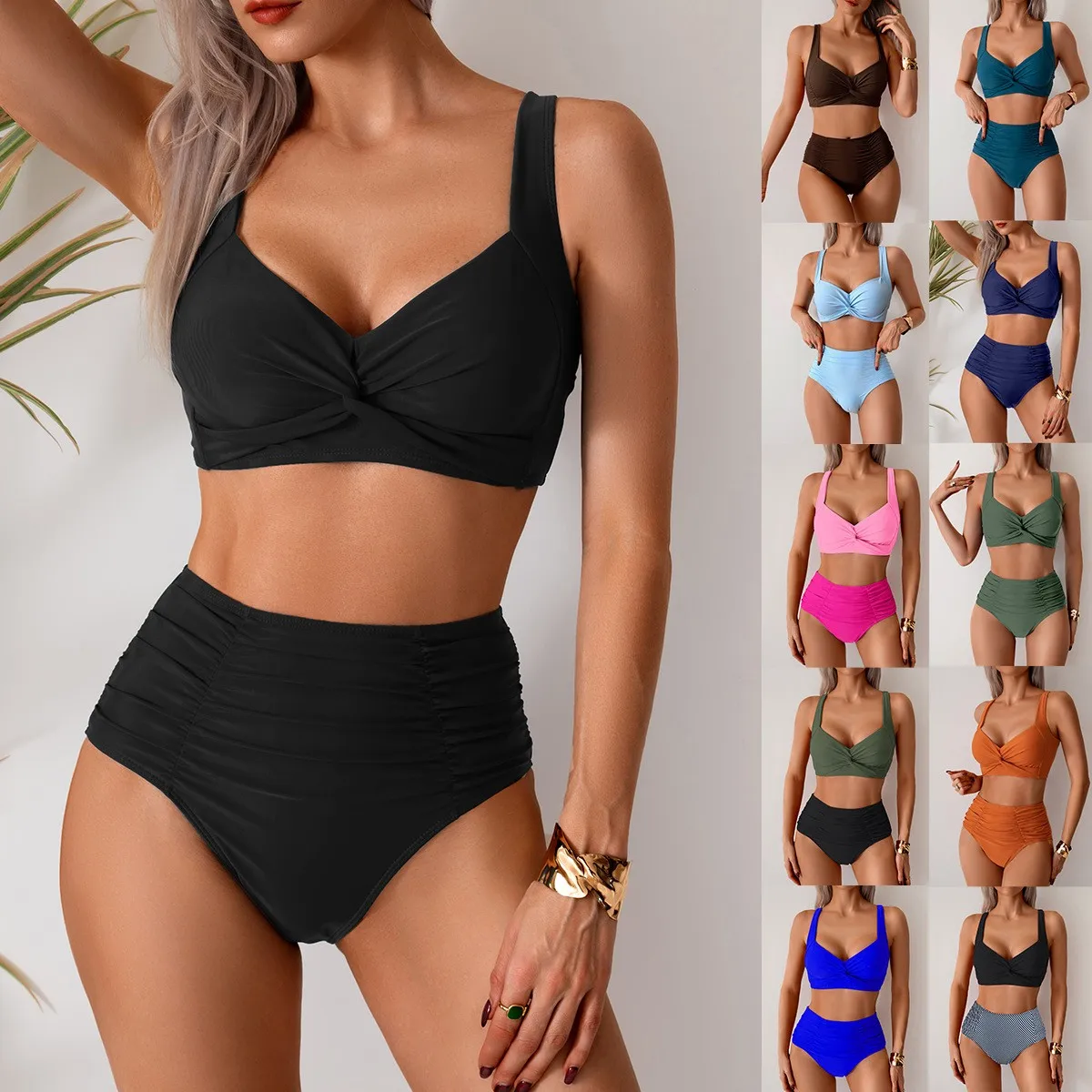 

Black High Waist Bikini Twist Front Top Pink Bikinis Solid Color Olive Green Swimwear Cropped Top Teal Two Piece Swimsuit