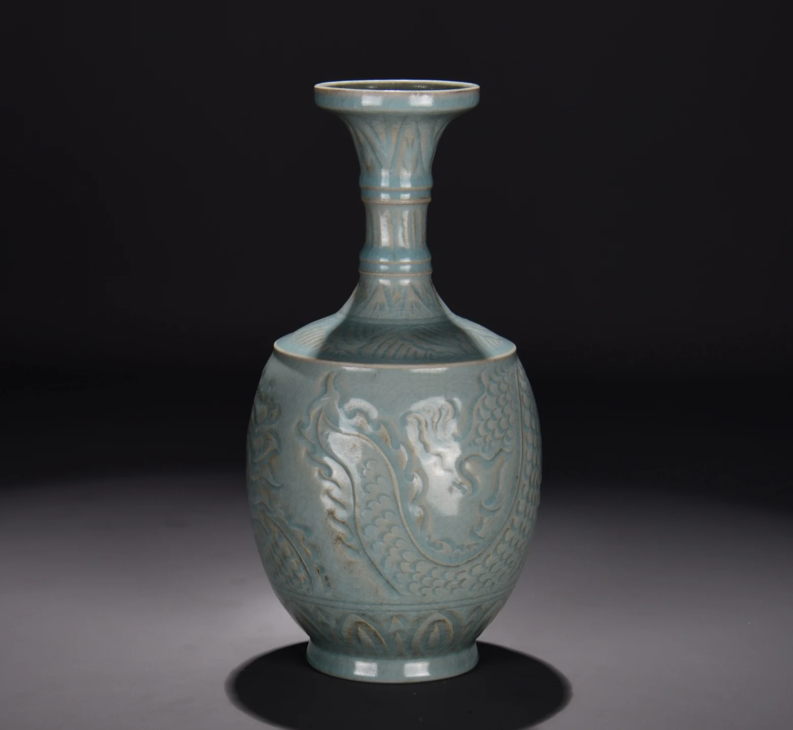 Antique Collection  Northern Song Ru Kiln Celadon Vase with Carved Dragon Pattern, Long Neck and Dish Mouth porcelain vase