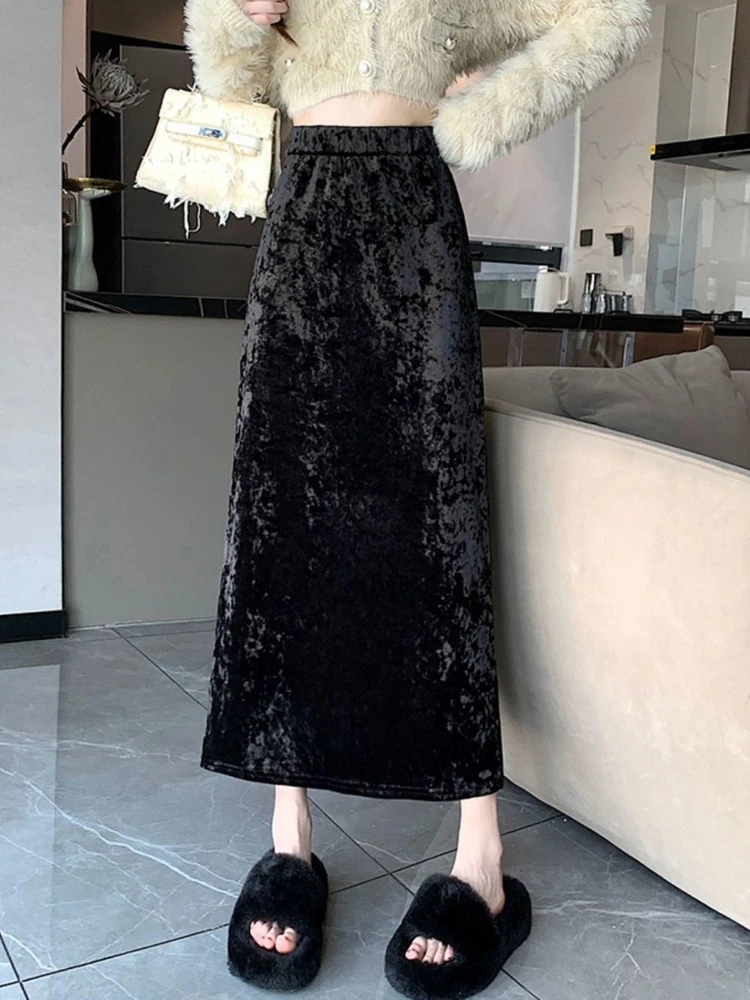 Streetwear Fluwelen Zwarte Lange Rokken Vrouwen Casual Winter Hoge Taille Faldas Largas Koreaanse Y2k Kleding Slanke Dames Mid Lengte Rok
