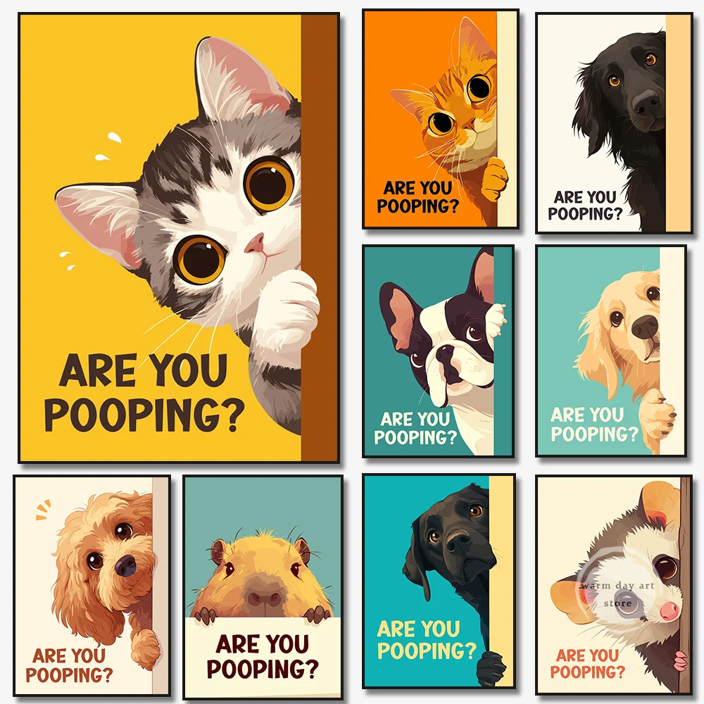 Poster „Brain You Pooping“, lustiges Badezimmer-Schild, Leinwanddrucke, süßer Hund, Katze, Capybara-Kunst zum Malen, Wandbilder, Toiletten-Dekoration