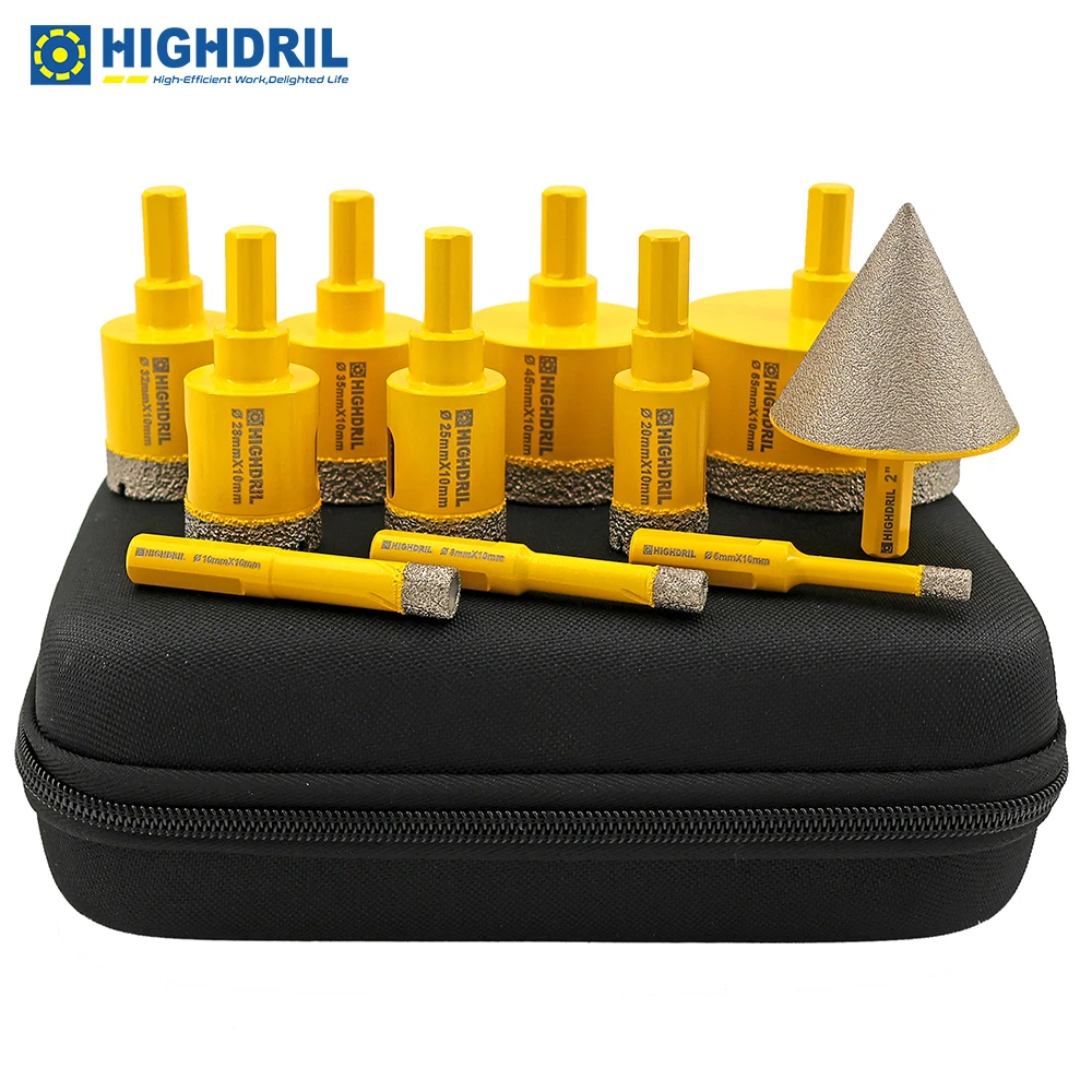 HIGHDRIL 11pcs/Set Diamond Drill Core Bits Triangle Shanks+50mm Chamfer Bit Tool Kit Drilling for Tile Granite Marble Ceramic