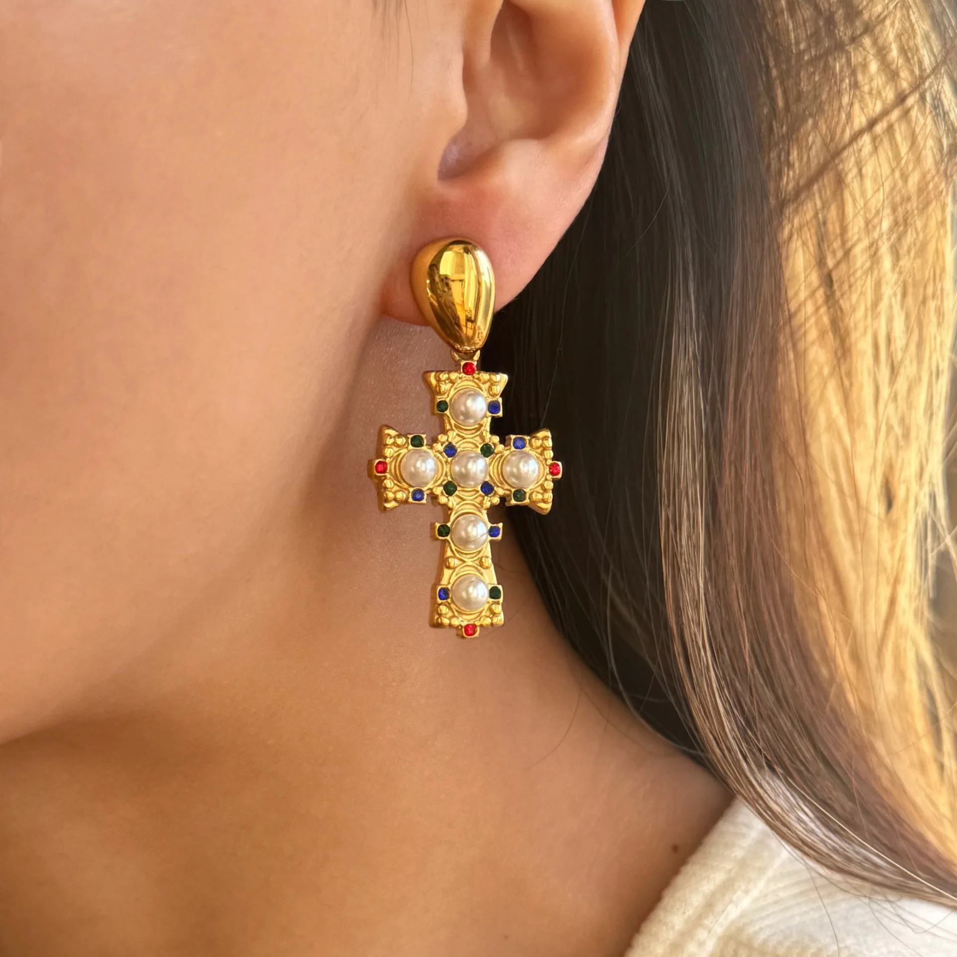 

Miranda Vintage Imitation Pearls Zirconia Cross Drop Earrings 18K Gold Color Stainless Steel Popular Jewelry 2025