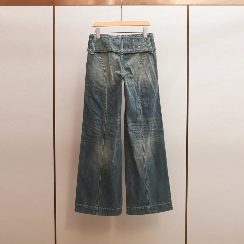 ANJY Spring Autumn New Women Tide Washed Distressed Sashes Casual Slim Denim Pants Chic Vintage Versatile Wide Leg Jeans A20599