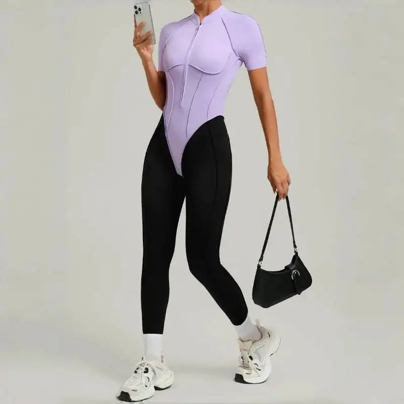 

Женский S новый комбинезон для йоги контрастного цвета с воротником-стойкой и красивой спиной, спортивный наряд для занятий спортом на открытом воздухе