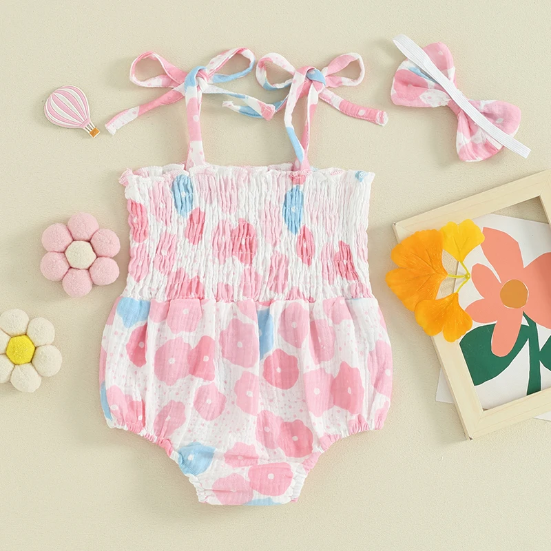 Adorable Baby Girl 2-Piece Summer Set Sleeveless Romper with Tie Straps Smocked Design and Matching Headband - Infant