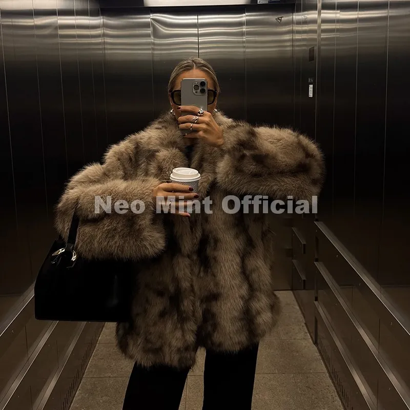 Neo Mint Exclusive 2026 Winter Leopard Print Faux Fur Coat Women Loud Luxury Lapel Collar Midi Long Eco Fox Fur Jacket Outerwear