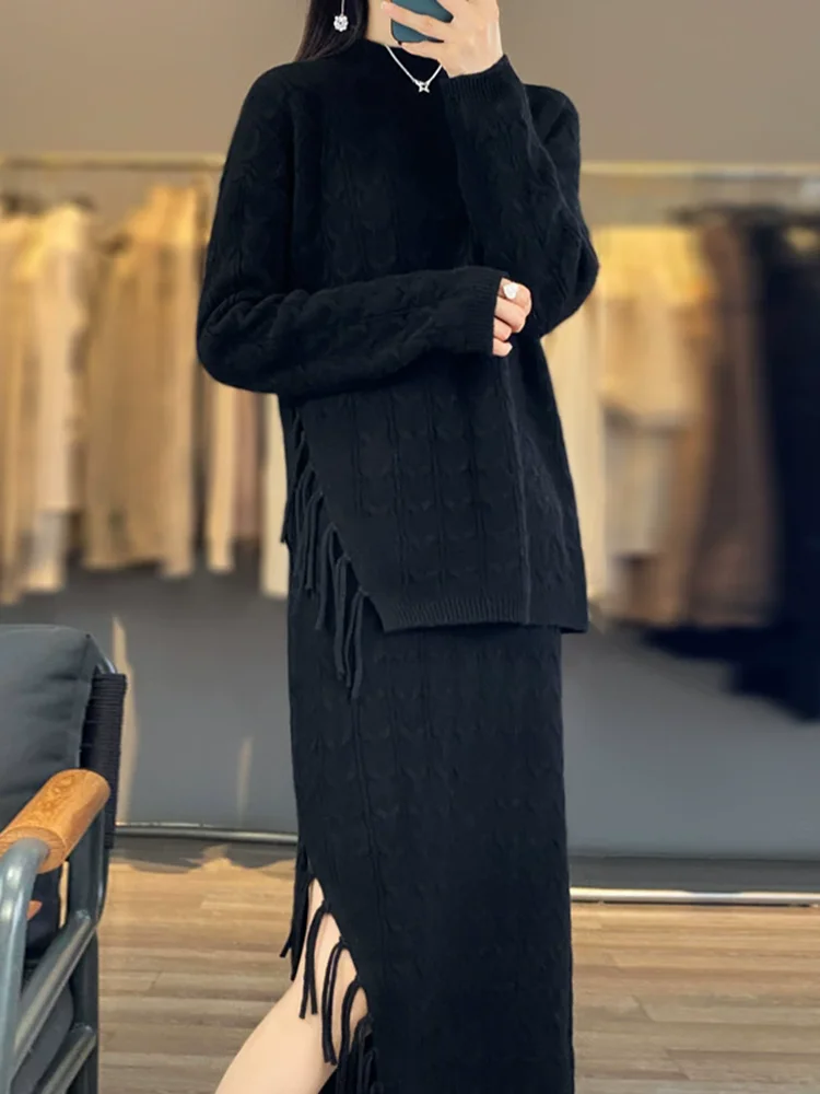 شرابة شق محبوك مجموعة فرقة أزياء أنيقة المرأة عارضة قطعتين مجموعة الكورية تنورة ضئيلة سترة سميكة Conjuntos #3