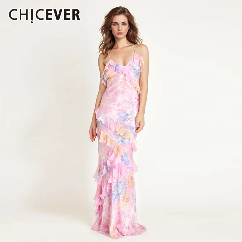 

CHICEVER Patchwork Ruffles Camisole Dresses For Women V Neck Sleeveless Hit Color Print Floral Slim Long Dress Female Summer New