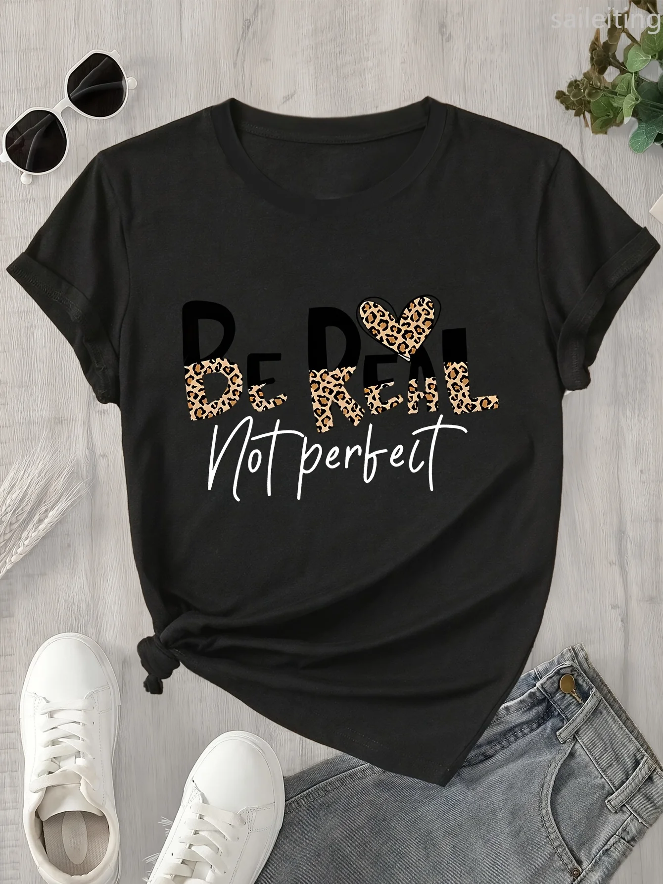 تي شيرت نسائي تحفيزي باللون الأزرق الداكن "كن حقيقيًا وليس مثاليًا" كاجوال للاستخدام اليومي للنساء Harajuku بأكمام قصيرة كاجوال