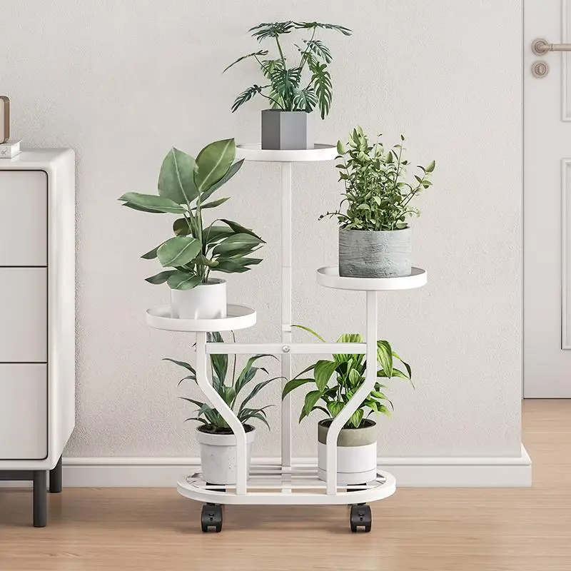 LINZINAR Metal Plant Caddy with Wheels - 3-5 Tier Display Rack, Antirust Indoor Corner Shelf, Weather Resistant Wipe-Clean Holder with 3 Round Pot Trays, 4-Wheel Easy Move for Multiple Plants (Bedroom, Balcony)