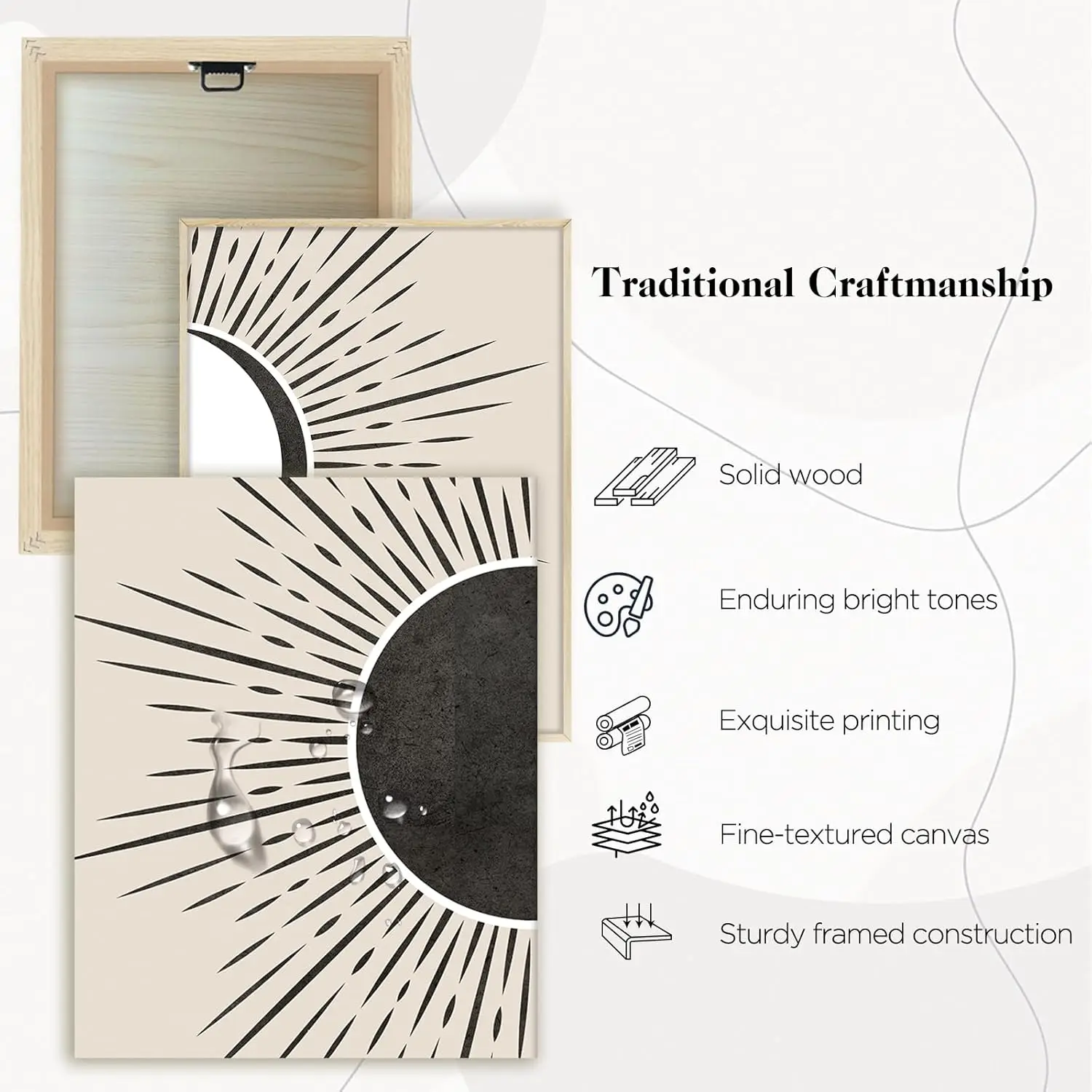 Serimino in bianco e nero Wall Art incorniciato, Boho Canvas Wall Art per soggiorno, Set di 2 stampe di pittura sole e luna per