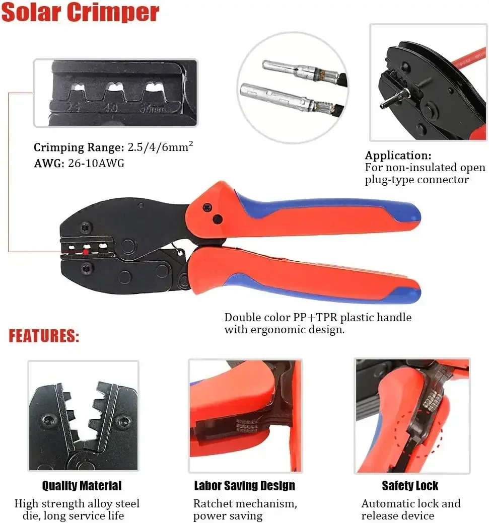 Outil de sertissage solaire-Kit d'installation de câble de panneau solaire avec pince à sertir solaire, outil essoré pour AWG14-10 câble long de 2.5/4/6 mm²