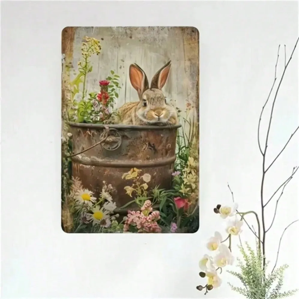 

Vintage Rabbit Design Round Metal Sign Rustic Wall Art for Home Kitchen Cafe Decor