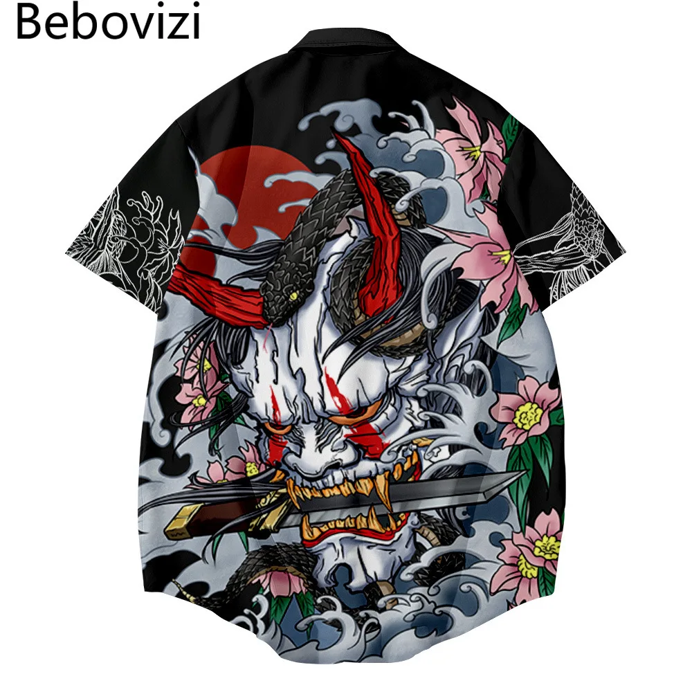 Japanese Style Demon Print Shirt 2021 Men Hawaiian Shirt Fashion Summer Short Sleeve Harajuku Anime Shirt Men Oversized Clothing