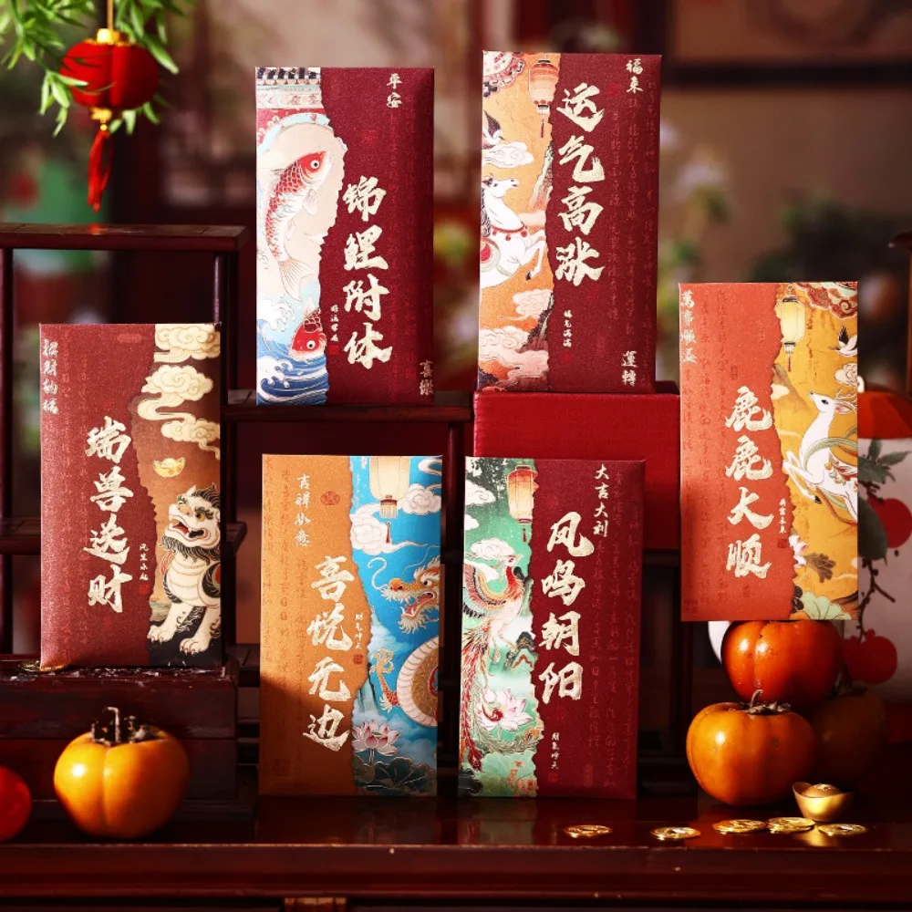 6 قطعة مغلفات حمراء محظوظة النمط الصيني السنة الجديدة نعمة السنة الجديدة الحزم الحمراء تصميم رقائق الذهب 2026 حقيبة المال الحظ