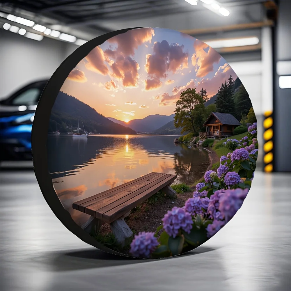 1pc 2D Flat-Printed Bags For Collecting Spare Tires, Featuring Mountain And Flower Designs. These Fabric Bags Are Machine Washab