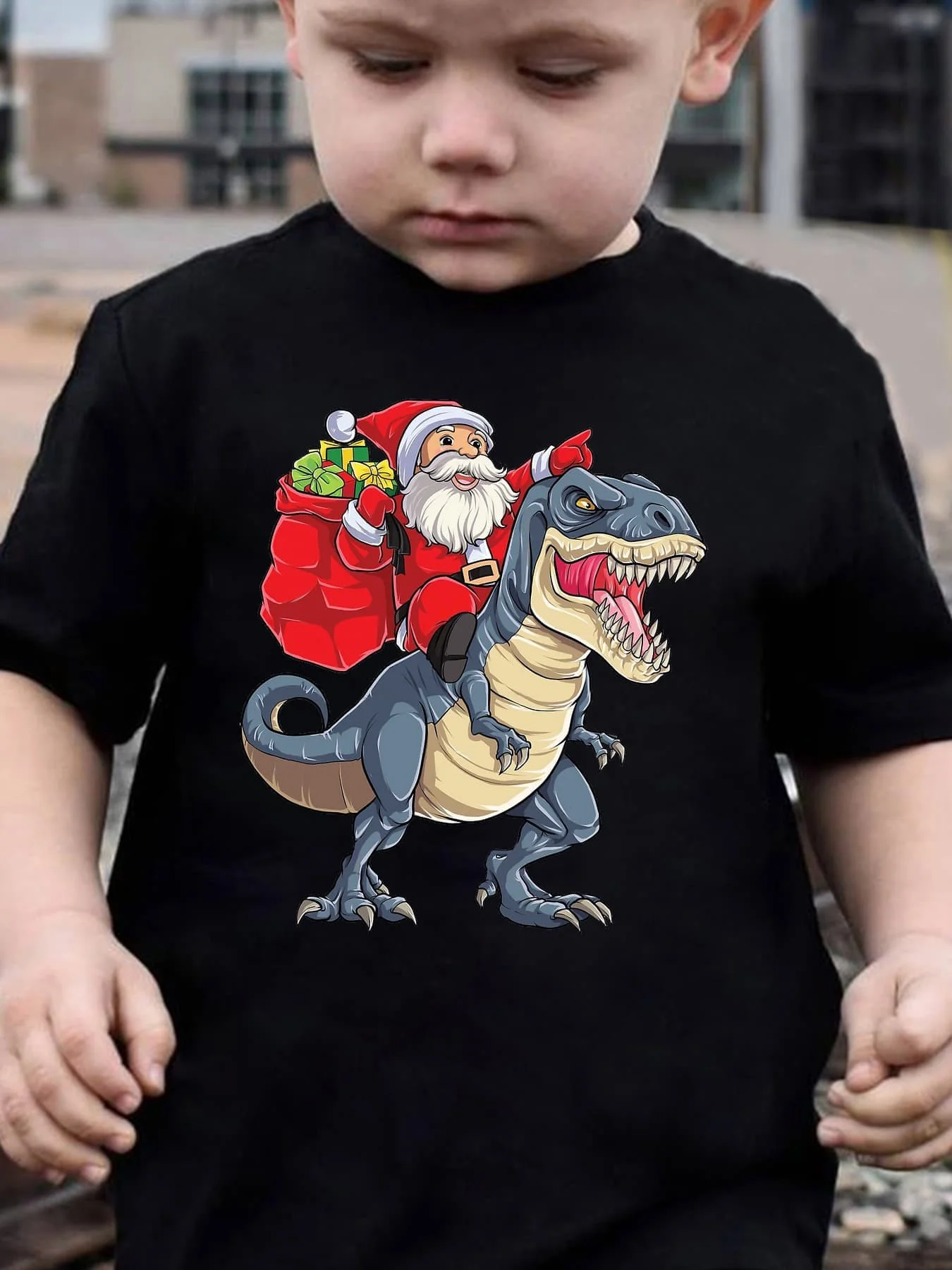 Children's Fashion Tshirt with Colorful Lights, Santa Claus Carrying Gift Riding Dinosaur Cartoon Printed Party Parent Child Top