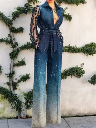 Women Fashion Romper Long Sleeve Lace Up Elegant Office Lapel Single-breasted Jumpsuit Shiny Patchwork Party Outfit Playsuit