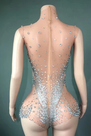 Cross-Border Diamond Dress, Sexy See-Through Net, cheio de cristal