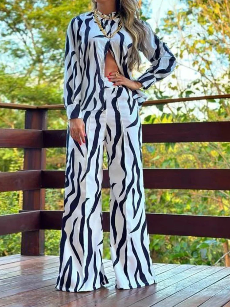 

New in Summer Print 2 Piece Sets Womens Outfits Elegant Shirt Pajamas for Women Long Sleeves Tops Wide Leg Pants Sets Clothes