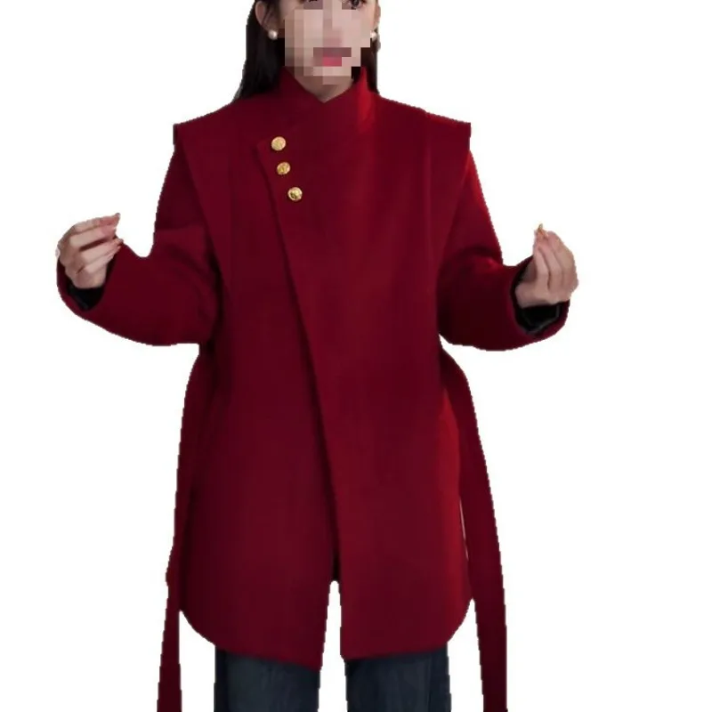 

Stand-up Collar Lace-up Waist White Duck Down Woolen Jacket Winter New Fashionable Versatile Thickened Warm Down Jacket Coats