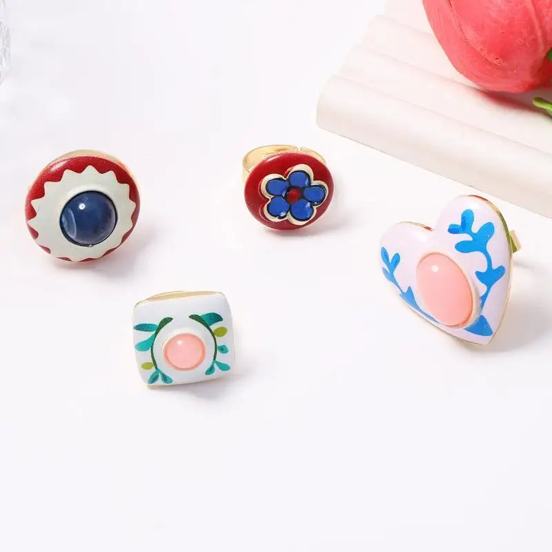 Vintage Geomertric Round Heart Drip Oil Rings For Women Men Temperament Personality Adjustable Rings Banquet Jewelry Accessorie