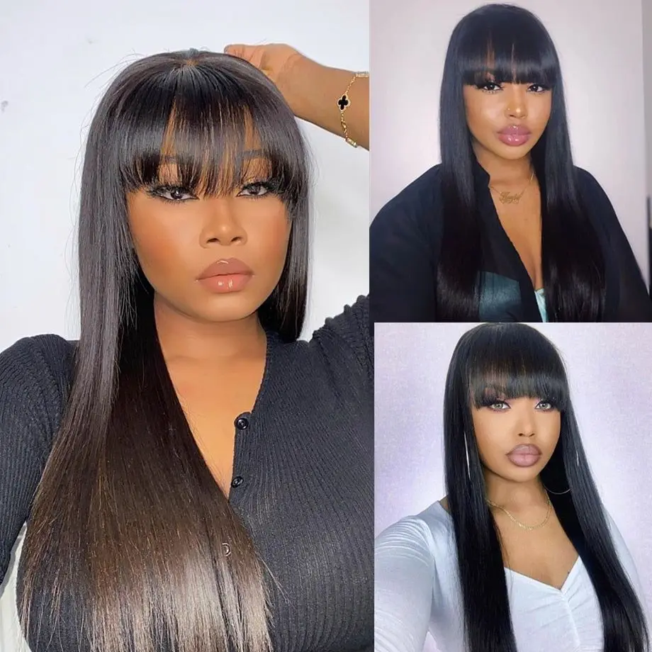 Silkwave 3x1 Middle Part Lace Wig Straight Human Hair Wig With Bangs For Women 100% Human Hair Full Machine Made Fringe Bob Wigs