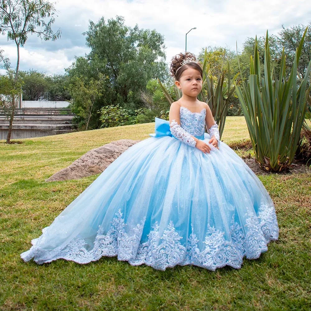 Blumenmädchenkleider für die Hochzeit, volle Ärmel, Spitzenapplikationen, Prinzessin, Erstkommunionkleid, Kleinkinder, lange Geburtstagsparty-Kleider