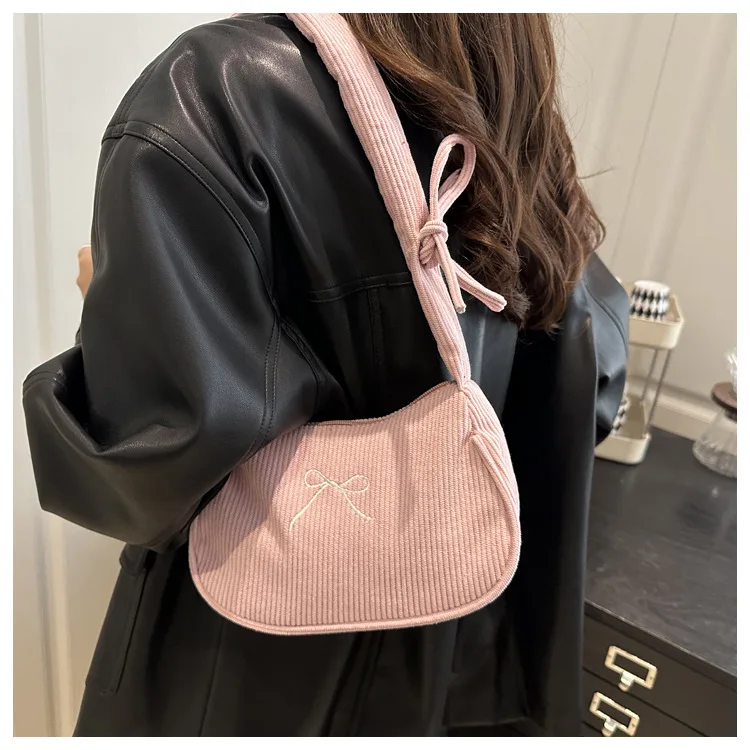 Corduroy pleated hand-held square women's bag with embroidered bow, cute single-shoulder lightweight underarm bag