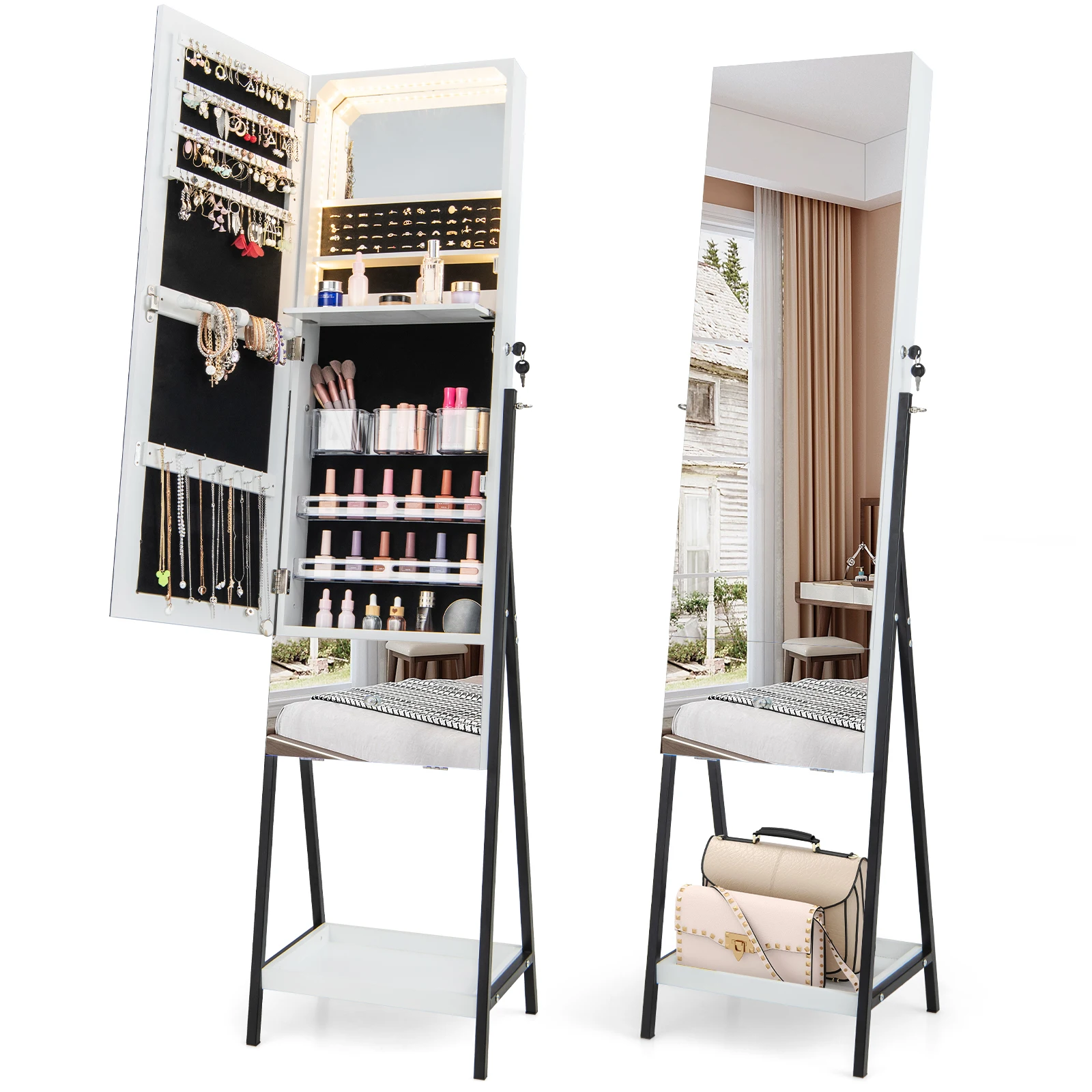 Jewelry Cabinet Armoire Full-Length Mirror with 3-Color LED Lights & Drawer