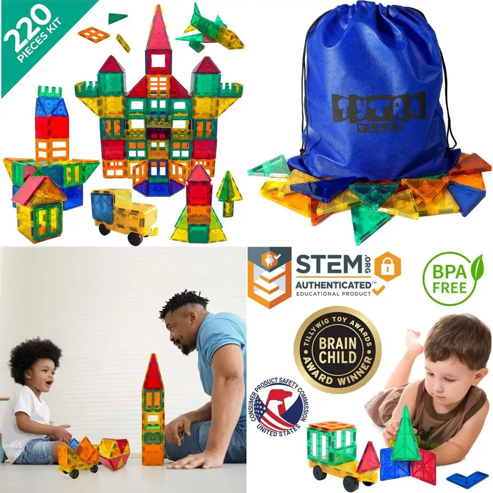 Mega Magnetic Tiles Set: 220 Pieces for Building 3D Castles, Vehicles, and Rockets - STEM Toy for Kids Ages 3+