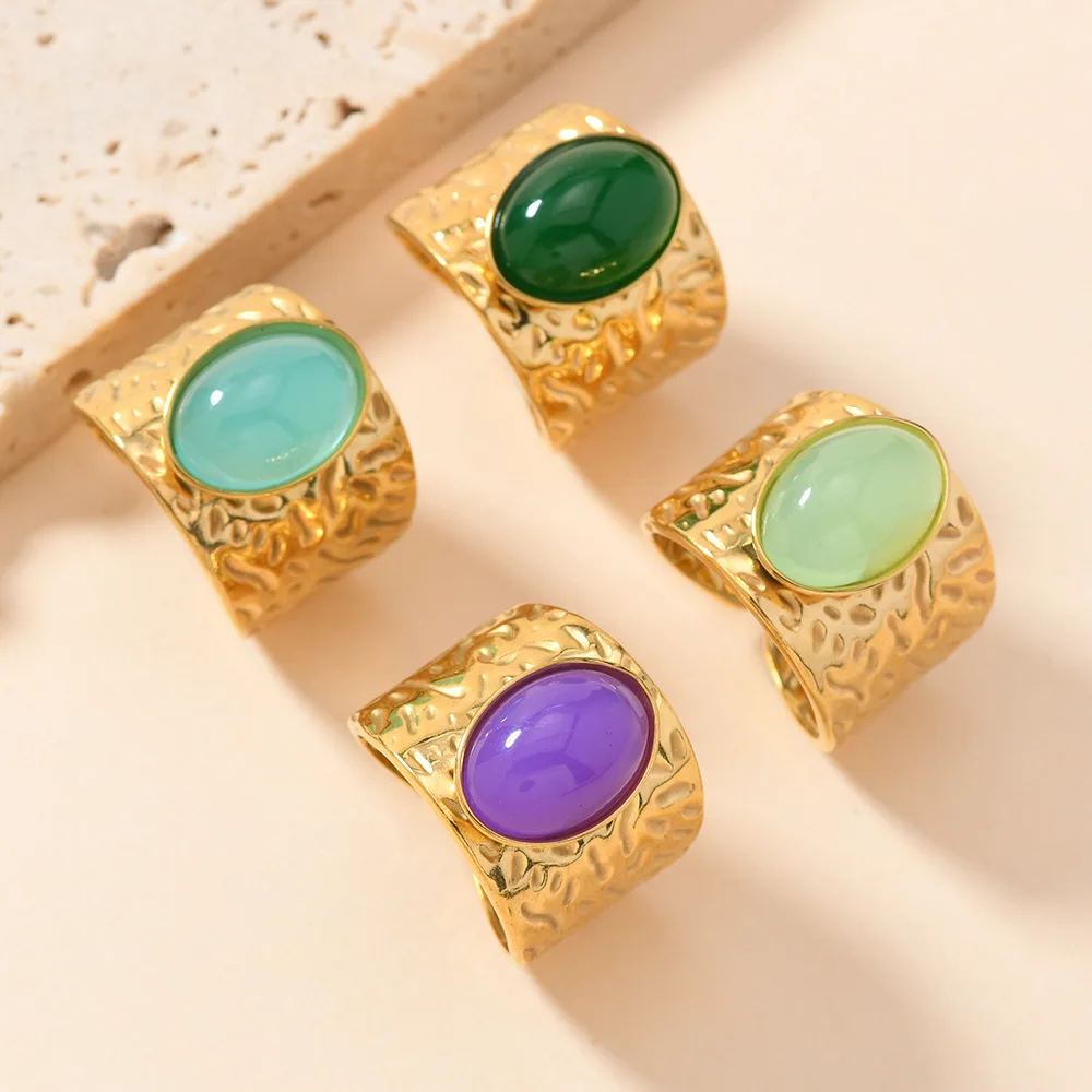 

10pcs 18K Gold Stainless Steel Green Blue Purple Oval Cut Stone Adjustable Ring Simple Luxury Jewelry for Women