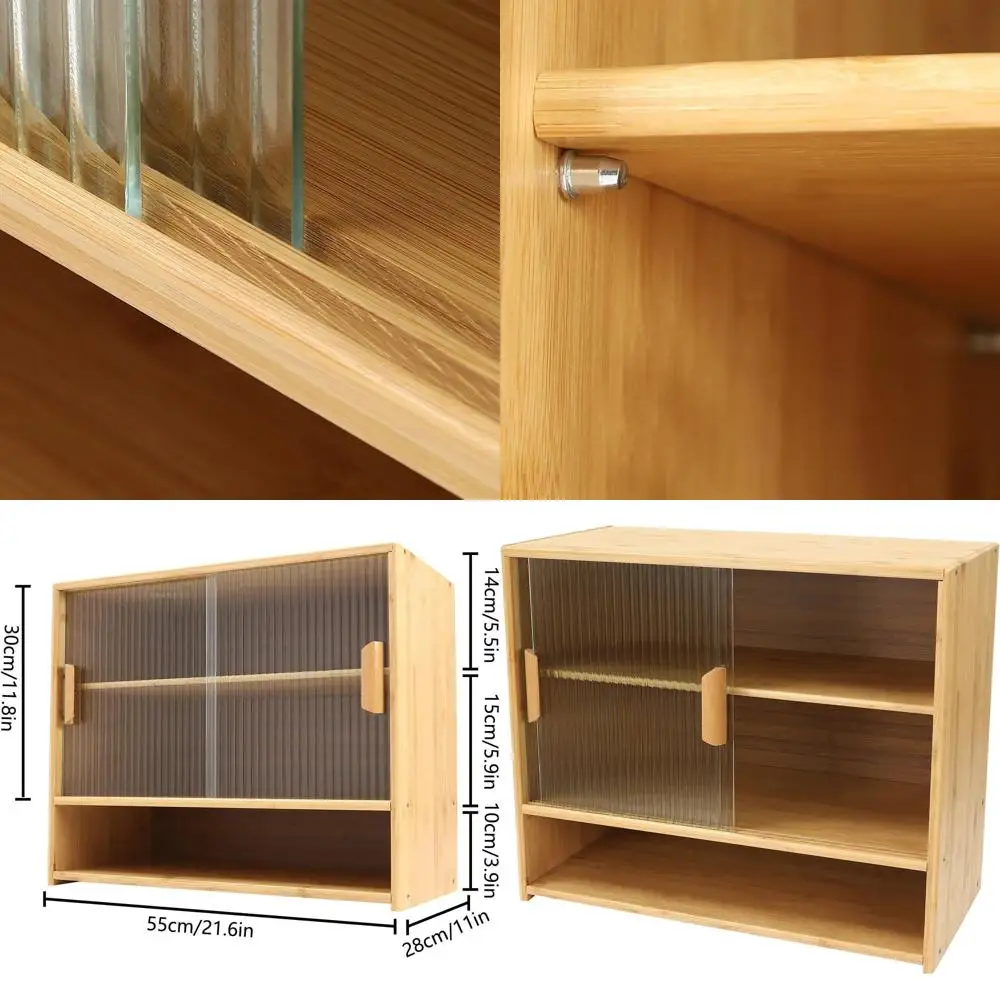 

Отдельно стоящий бамбуковый кухонный шкаф-буфет с раздвижными стеклянными дверцами и регулируемой высотой для хранения посуды и бутылок