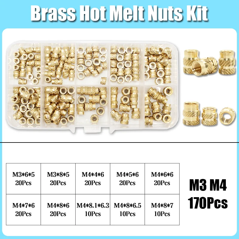 M2 M3 M4 M5 M6 M8 Messing Wärmeeinsatz Mutter Sortiment Set Hot Melt Rändelgewindeeinsatz Einbettung Kupfer Mutter 3D-Druck Nutinsert