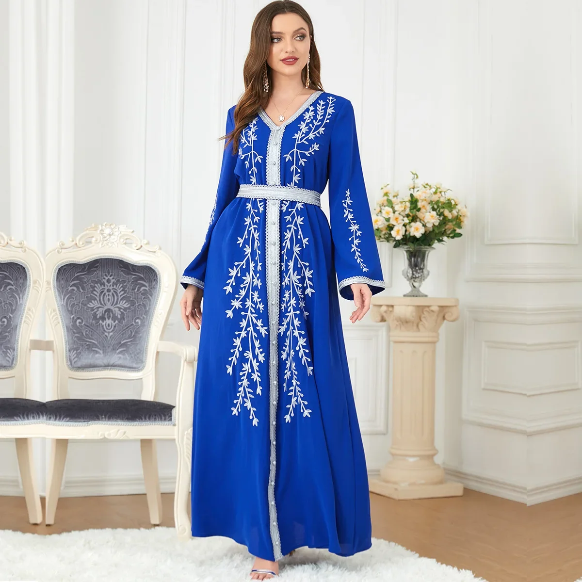 Muslim Abayas Women Embroidery Dress Abaya Dubai Turkey Arabic Islamic Girdle Around The Waist Dress Caftan Loose Casual Dress