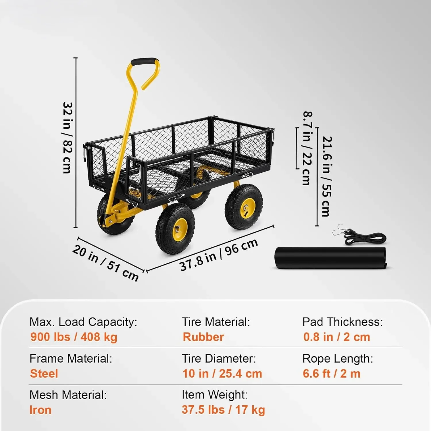 Steel Garden Cart, Heavy Duty 900 lbs Capacity, Utility Metal Wagon with 180° Rotating Handle and 10 in Tires