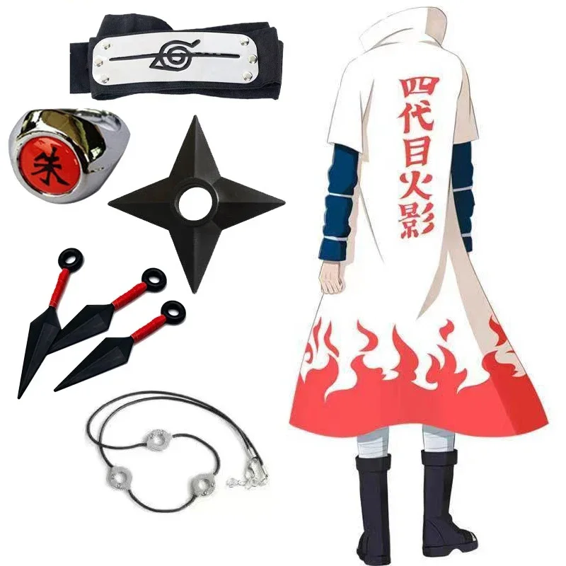 Anime Cosplay 4Th Hokage Uzumaki Costume Adult Kids Namikaze Minato Cape Headband Necklace Weapon Ring Children Cosplay Gifts MN