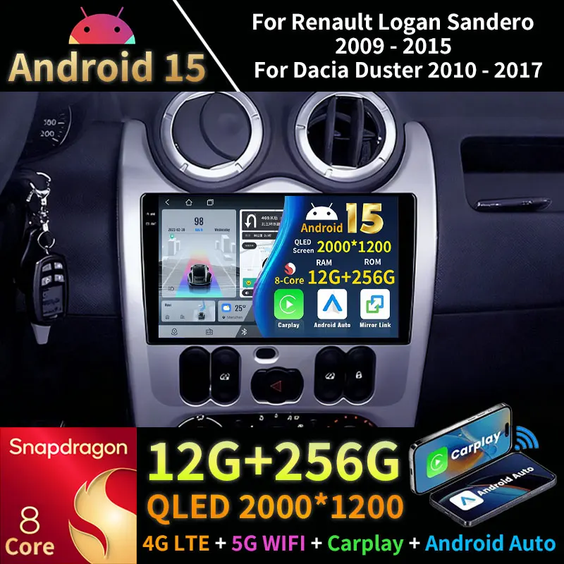 Android 15 radio de coche para Renault Logan Sandero 2009 - 2015 para Dacia Duster 2010 - 2017 Carplay Auto 4G reproductor de vídeo Multimedia