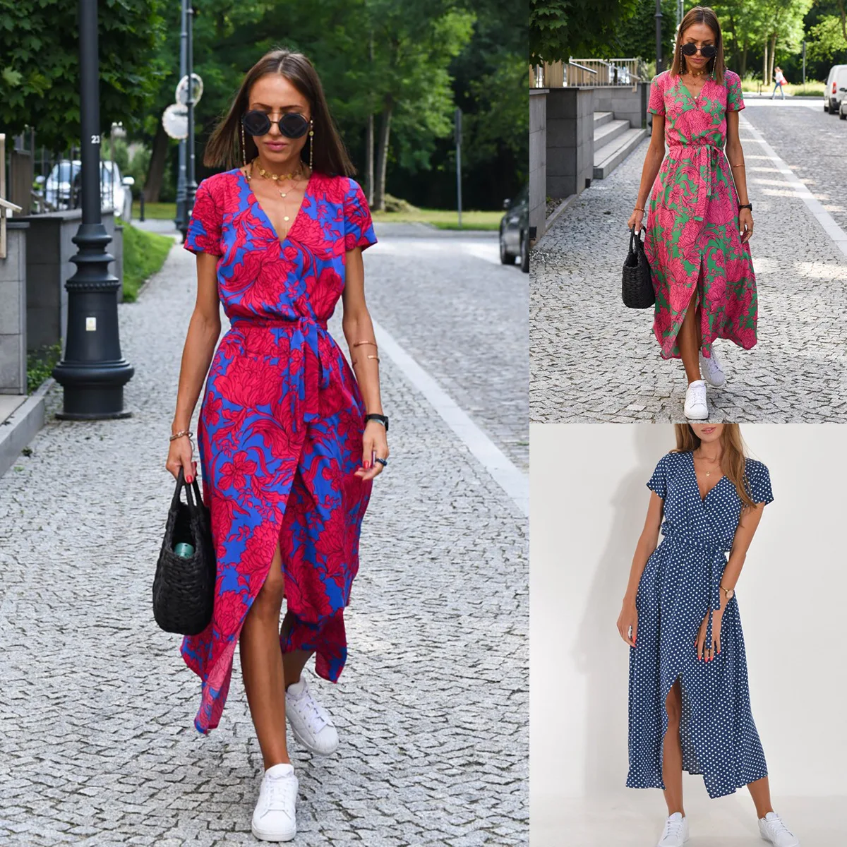 

Women's Beach Dress 2024 Summer New Fashion Printed Dress V-Neck Split High Waist Mid Length Dress for Daily Vacation