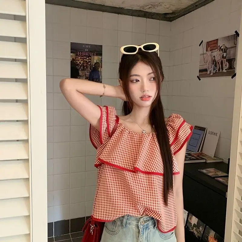 Summer New French Versatile Square Neck Fashionable Plaid Women\'s Short Sleeved Shirt Loose Casual Young Style Lady Short Top