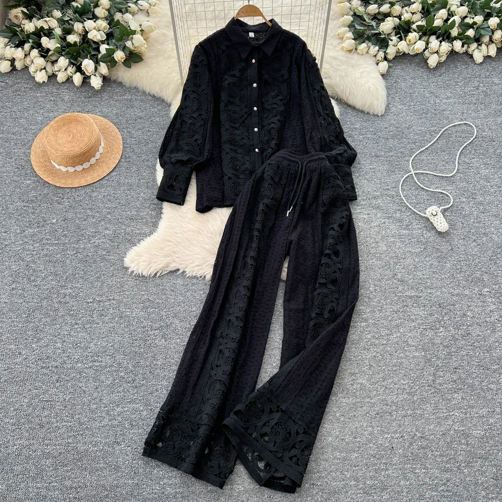 ALPHALMODA สไตล์ฝรั่งเศส ลูกไม้ปักกลวง ตัดแต่ง เสื้อเชิ้ตแขนยาว สำหรับผู้หญิง เอวสูง ชุดสูทกางเกงทรงตรง