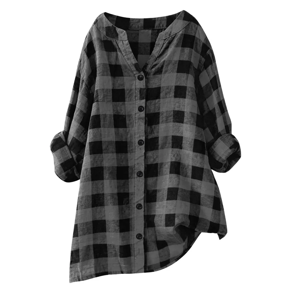 Plus Size Women's Blouses 2026 New Loose Vintage Plaid Shirt Tops Rolled Up Sleeve V Neck Button Up Shirts Daily Wear Camisas