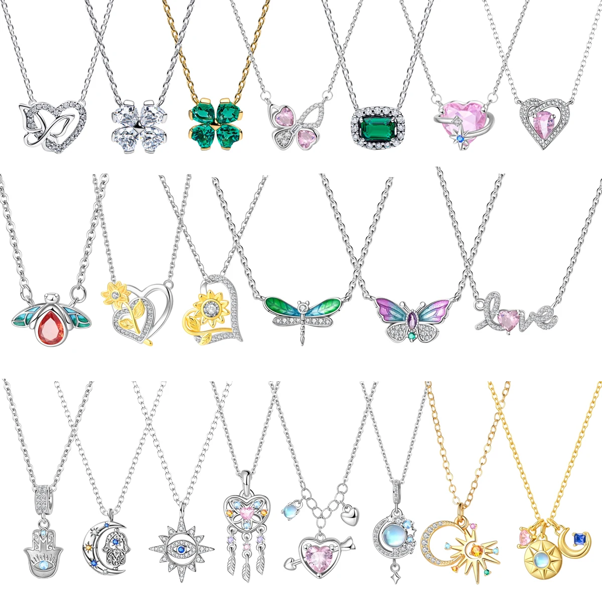 New Original 925 Sterling Silver Heart-shaped Four Leaf Clover Galaxy Palm Bow Pendant Fashion Necklace Charm Classic DIY Gift