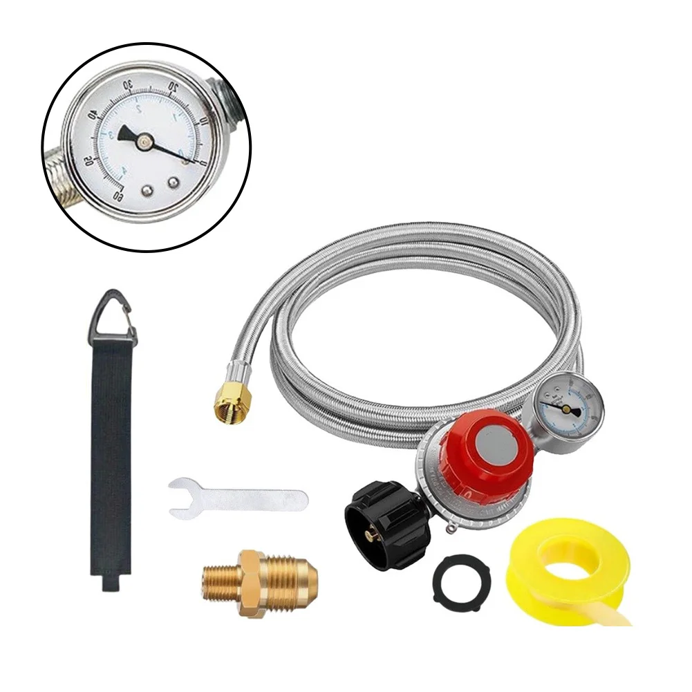 5FT High Pressure Propane Regulator Hose with 0-30 PSI Control and 0-60 PSI Glow Gauge for QCC1 and 3/8 Male Flared Appliances
