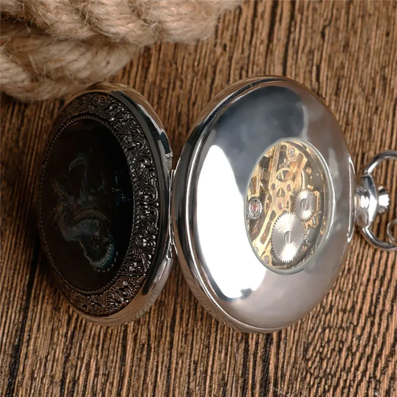 Steampunk Dragon Design Silver Men Women Mechanical Hand Winding Pocket Watch Roman Number Fob Chain Watch Relogio De Bolso