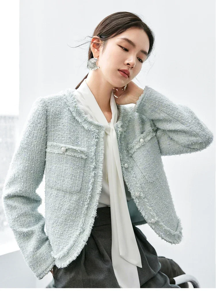 

SENTUBILA Wool Blend Tweed Jacket for Women 2025 Spring Elegant French Fashion Long Sleeve Short Coat Woman Outerwears 143W56040