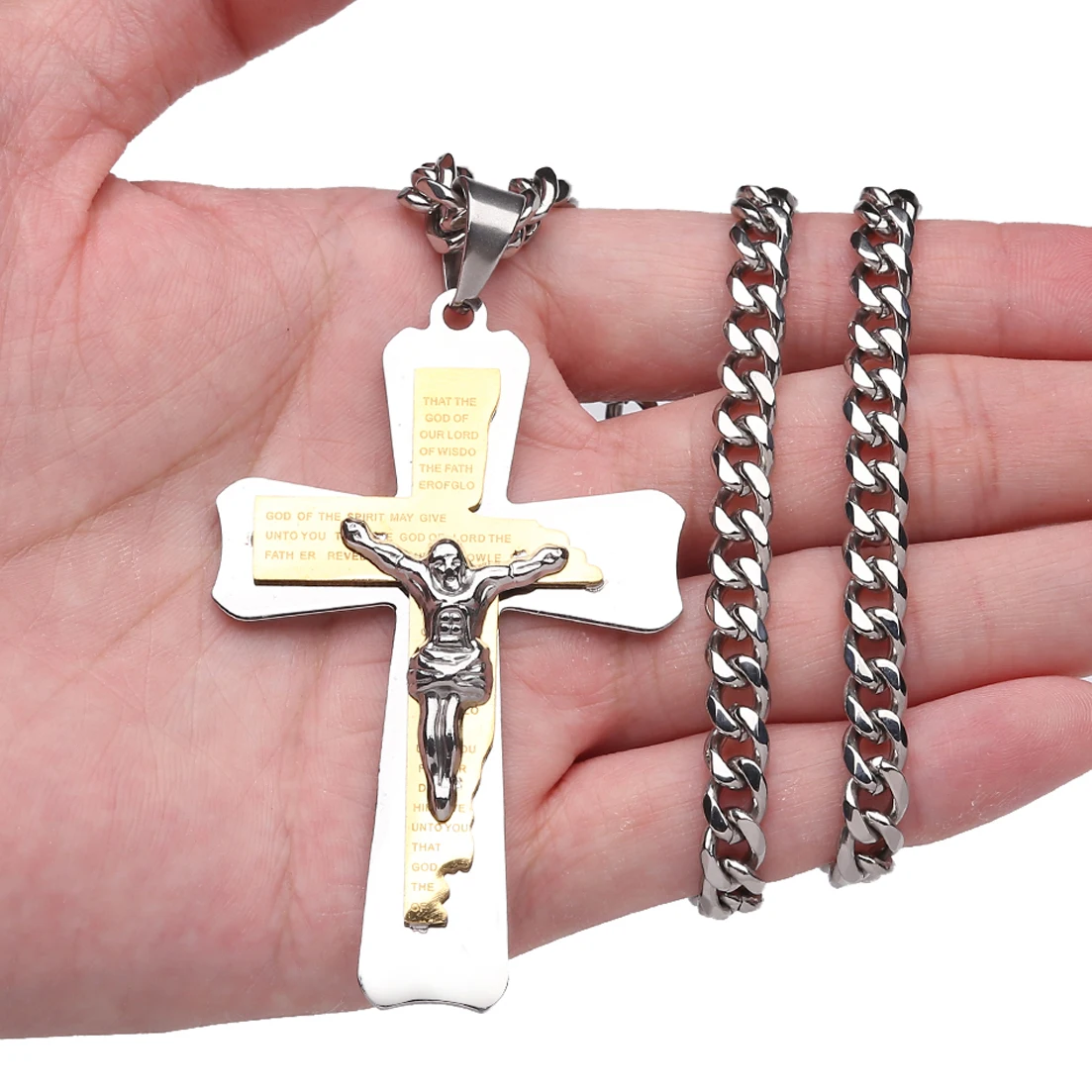 

Heavy Big Jesus Crucifixion Cross Pendant Necklace For Men Women Gold Silver Color Stainless Steel Cuban Chain