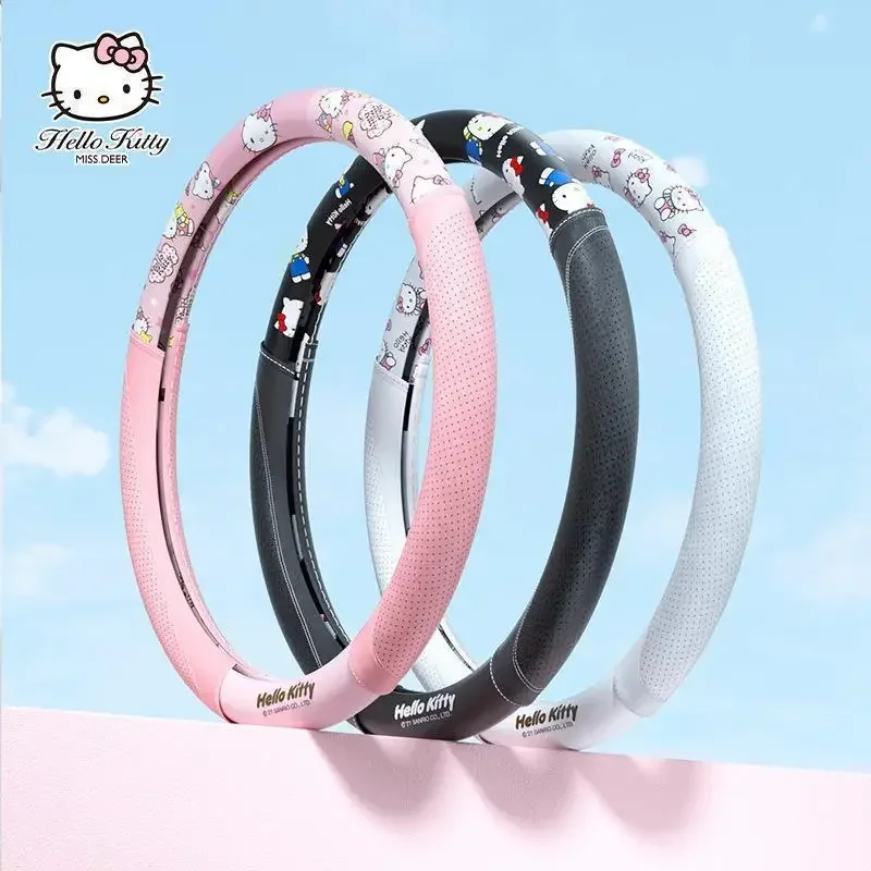 Hello Kitty Anime Kawaii Sanrio Ins Fashion Car Round Steering Wheel Cover Cute Non-slip Warm Steering Cover Handlebars Gifts