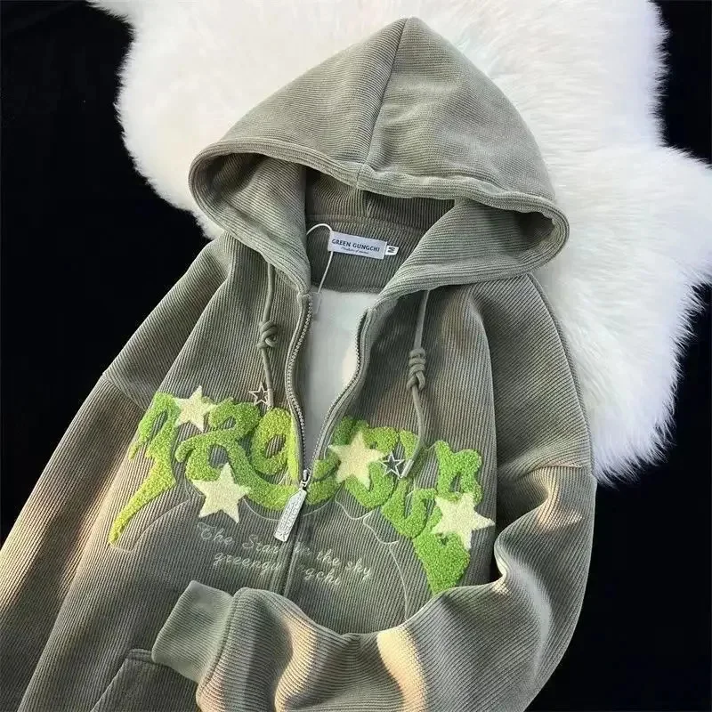 Women Letter Printed Hoodies Autumn Vintage Zip Up Loose Hooded Sweatshirts Harajuku Y2K Long Sleeve Jacket Clothes