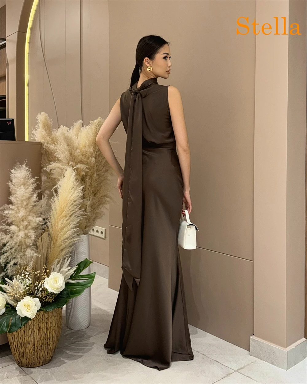Robe De Noche en Satin marron, personnalisée, exquise, classique, décolleté haut, sans manches, robes De soirée, mode fête, Go